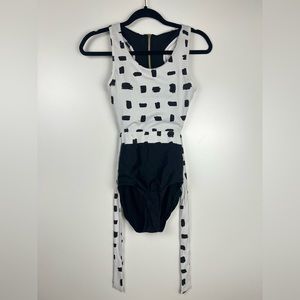 Albion Black White One-Piece Swimsuit Cut Out Zip & Tie Back Size XS